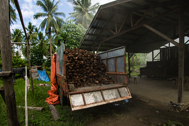 Kokosnussschalen auf einem LKW
